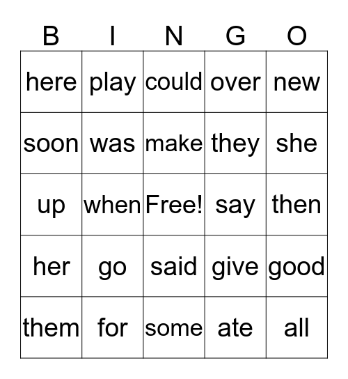 Sight Word Bingo Card