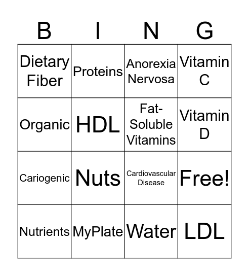 Nutrition  Bingo Card