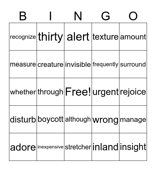 5th Grade Vocabulary Bingo Card