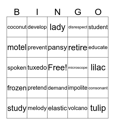 Open Syllable Words Bingo Card