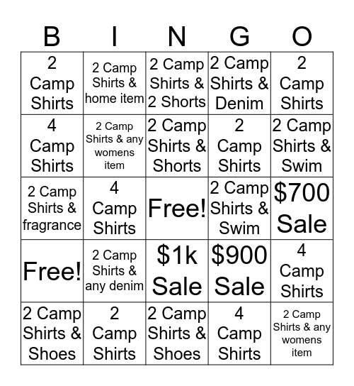Camp Shirt BOGO Bingo Card