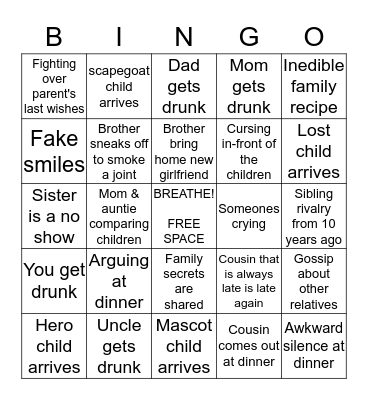 Dysfunctional Family Dinner Bingo Card