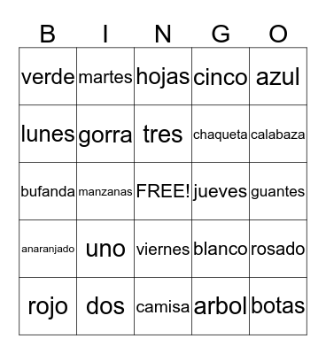Spanish BINGO Card
