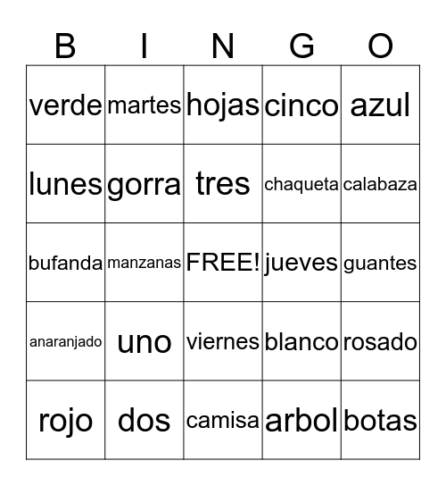 Spanish BINGO Card