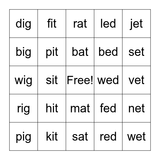 Word Familes Bingo Card