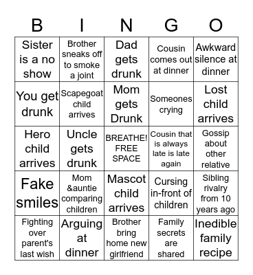 Dysfunctional Family Dinner Bingo Card