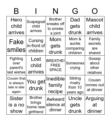 Dysfunctional Family Dinner Bingo Card