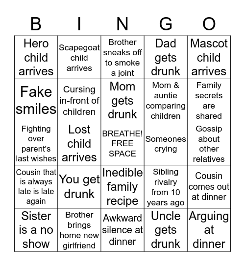 Dysfunctional Family Dinner Bingo Card
