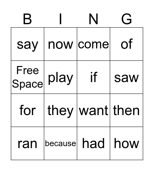 Sight Word Bingo Card