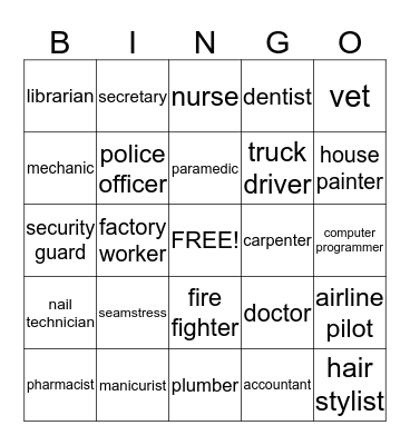 Jobs/Occupations Bingo Card