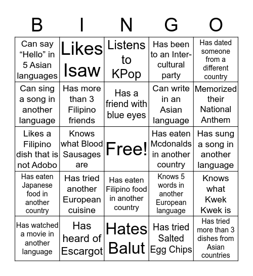 HUMAN BINGO - INTERNATIONAL VERSION Bingo Card