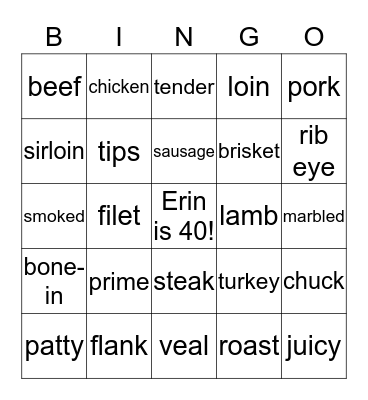 Erin's Wild and Crazy Meat Party Birthday BINGO Card