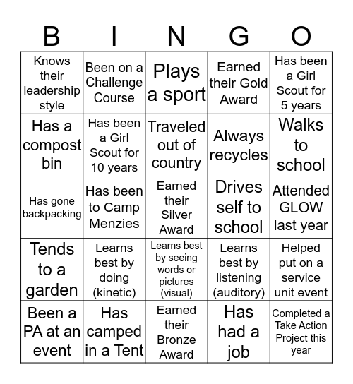 GLOW Get to Know You Bingo Card