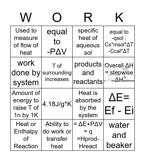 Thermochemistry 'WORK' Bingo Card