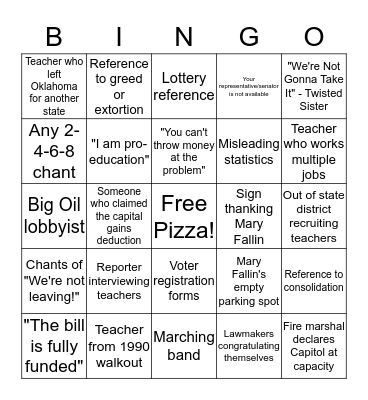 Oklahoma Teacher Walkout Bingo Card