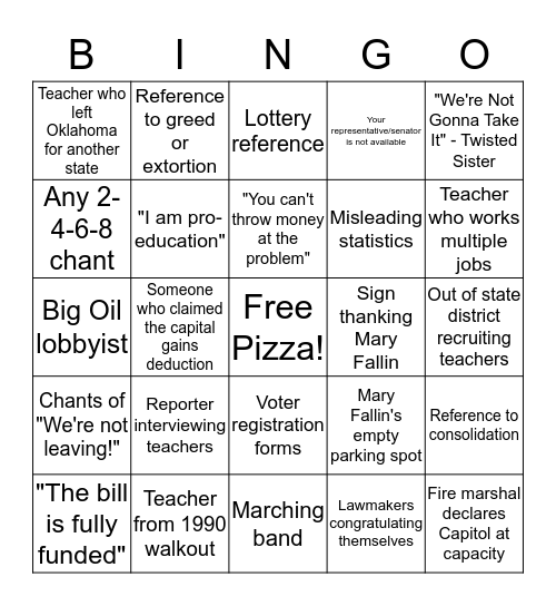 Oklahoma Teacher Walkout Bingo Card