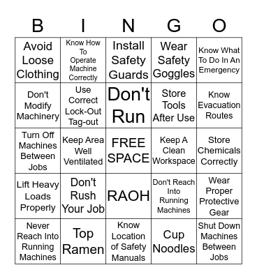 Nissin Foods Safety Bingo Card