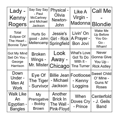 MAAG - 1980'S MUSIC BINGO Card