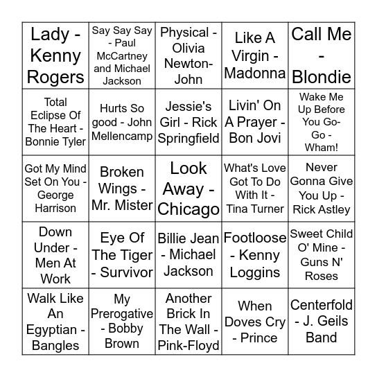 MAAG - 1980'S MUSIC BINGO Card