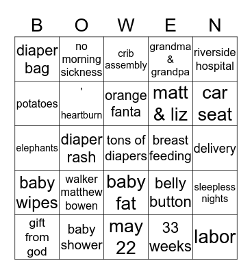 LIZ BABY SHOWER Bingo Card