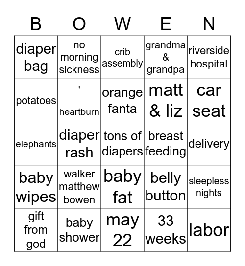 LIZ BABY SHOWER Bingo Card