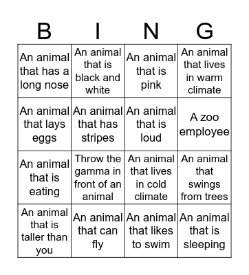 Zoo Bingo Card