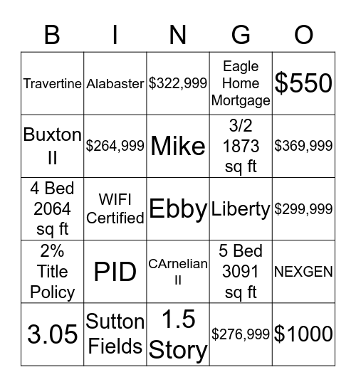 Lennar Homes Bingo Card