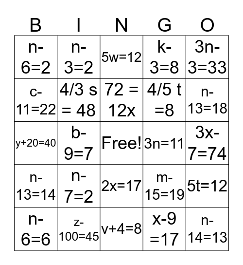 Mixed equations Bingo Card