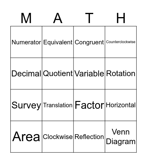 Math MCA Vocabulary Bingo Card