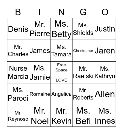 HCKA Room 111 Name Bingo Card