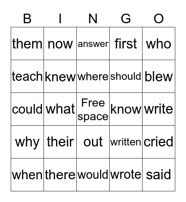 Sight Word Bingo Card