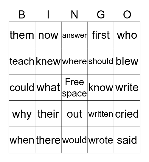 Sight Word Bingo Card