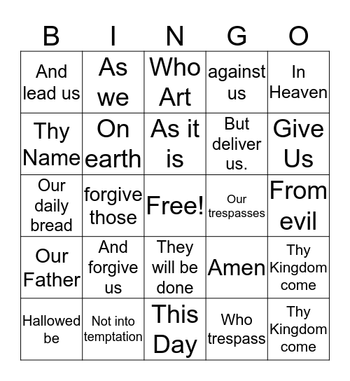 Our Father Bingo Card