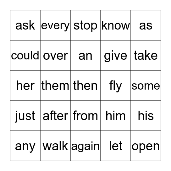 SIGHT WORD BINGO Card