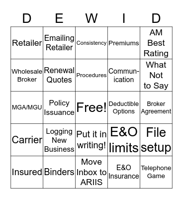 E&O DEWID (aka BINGO!)  Bingo Card