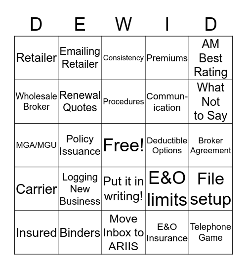 E&O DEWID (aka BINGO!)  Bingo Card