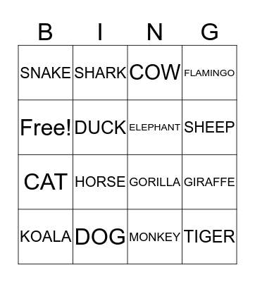 Animals Bingo Card