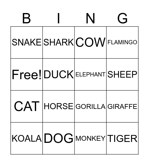 Animals Bingo Card