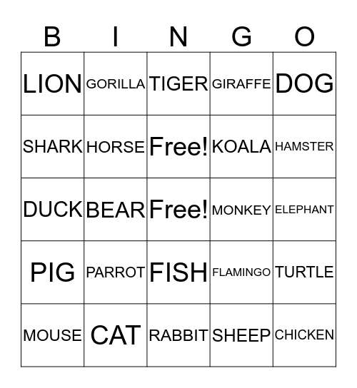 Animals Bingo Card