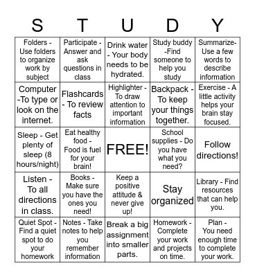 Study Skills Bingo Card