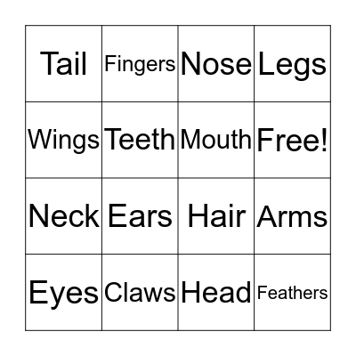 Body parts Bingo Card