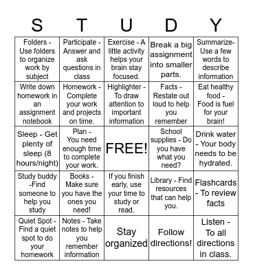 Study Skills Bingo Card