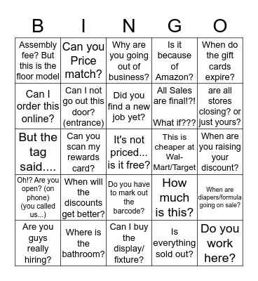 Toys R Us Liquidation Bingo Card