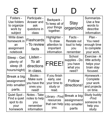 Study Skills Bingo Card