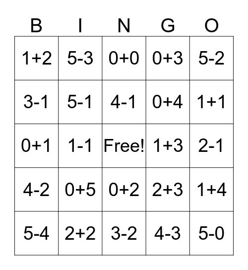 Addition and Subtraction BINGO Card