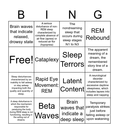 Sleep! Bingo Card