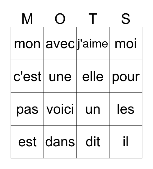 Mots fréquents Bingo Card