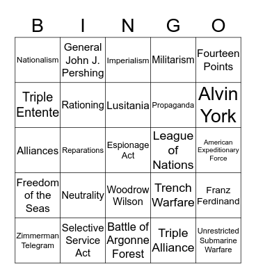 World War I Bingo Card