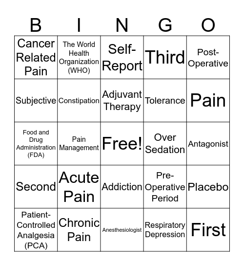 Pain Management Bingo Card