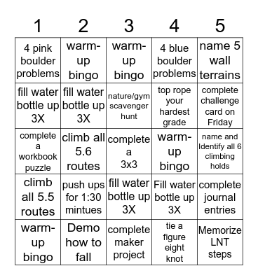 Camp Challenges Bingo Card